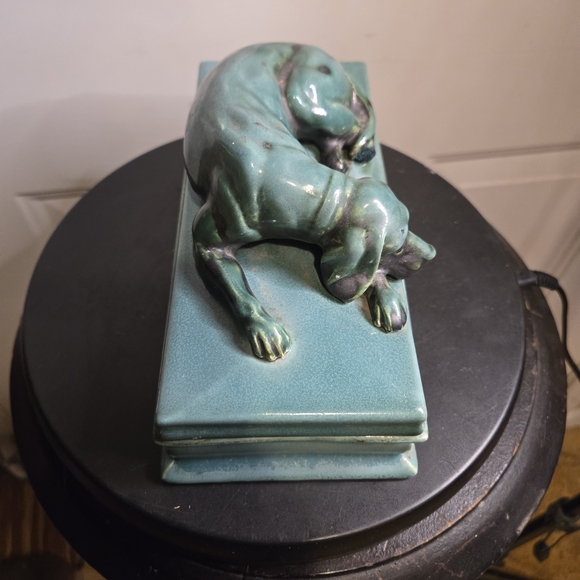 The Mosaic Tile Co Zanesville Ohio Green Hound Dog Box Ceramic Rare c1920 Antiqu - Picture 5 of 13